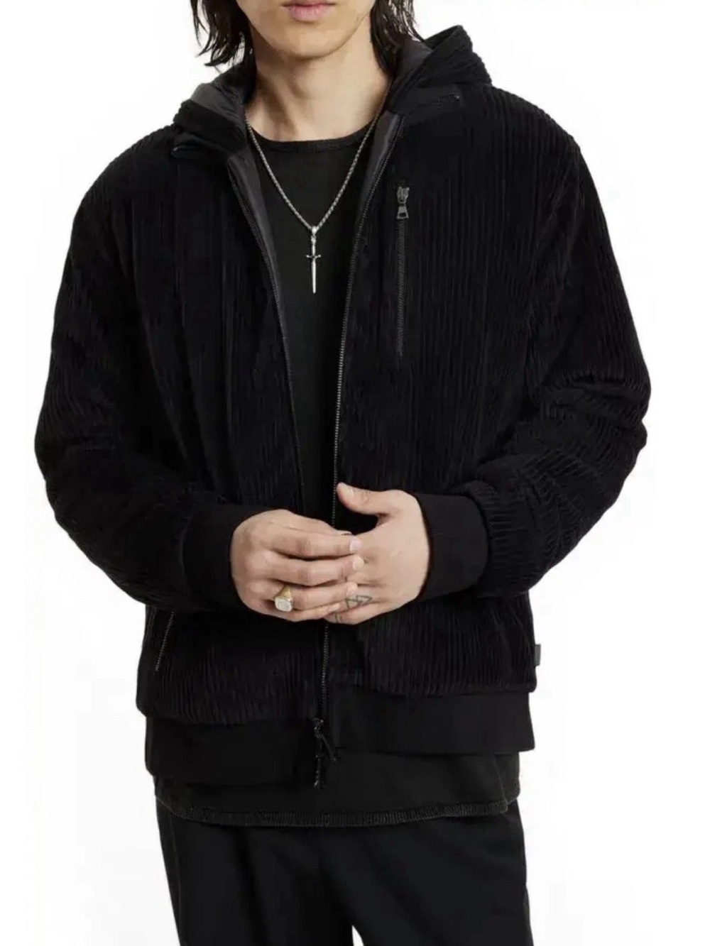 NWT $498 John Varvatos Hoodie Jacket XS Black Adami Corduroy Reversible Puffer